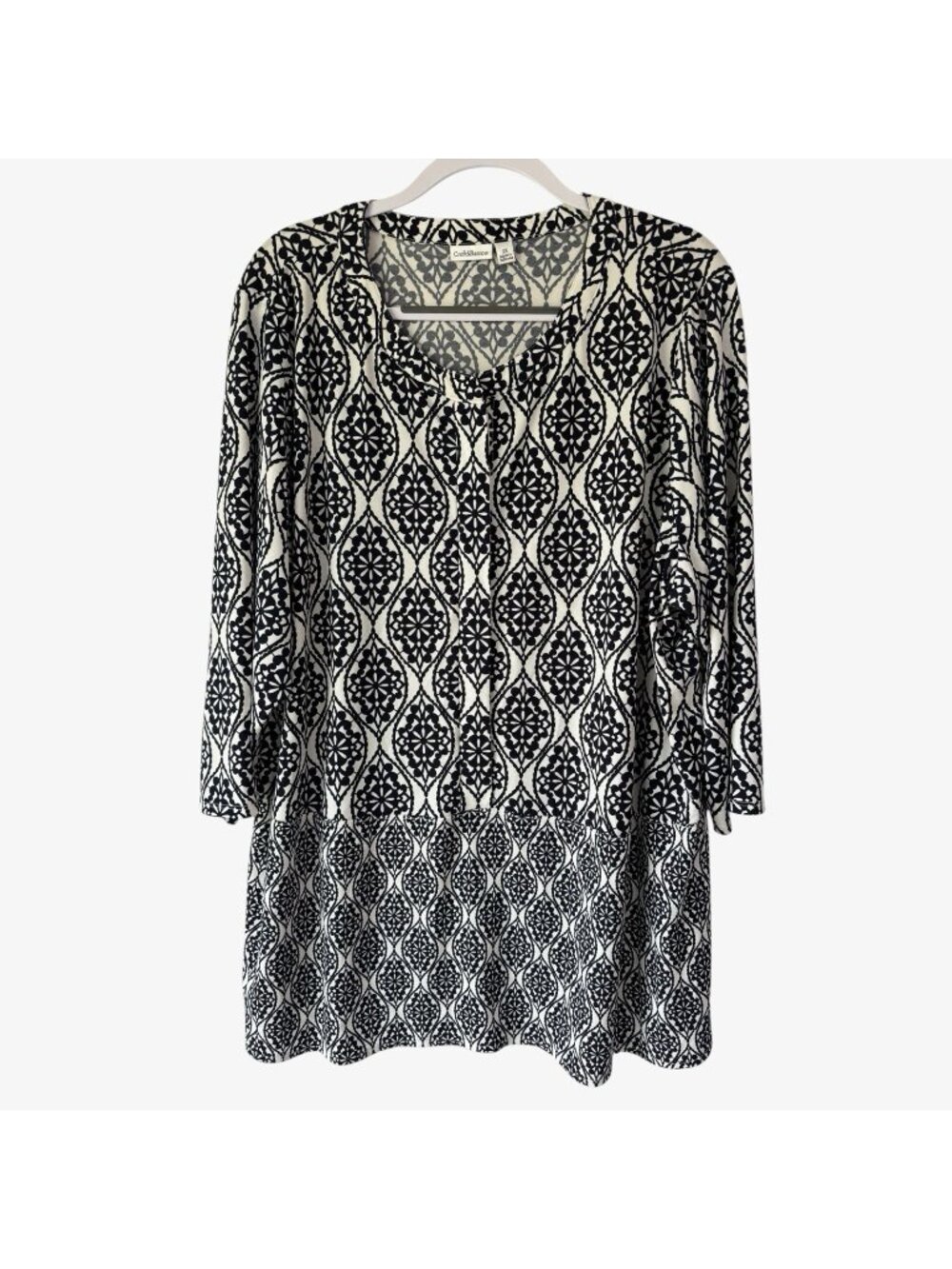 2/$30 Croft & Barrow Knit Pullover Top Black White Print Stretch Plus Size 2X